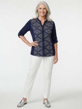 Emma & Olive Navy Patterned Button-Up Top (SIZE:3X )